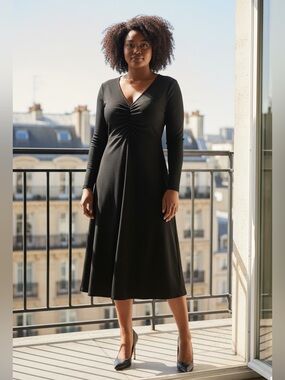 Penningtons, Black Midi Dress Rib Knit V-Neck Ruched Front, 1X Plus Size
